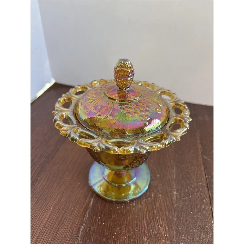 Vintage Indiana Glass Compote Candy Dish w/Lid Harvest Carnival Iridescent Gold